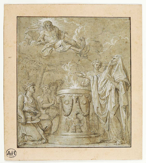 Noël COYPEL, Sacrifice à Jupiter, pierre noire et rehauts de blanc sur papier, n°8060 de la donation Pierre Rosenberg. Dessin préparatoire au plafond de la Salle des Gardes de la Reine au Grand Trianon (Versailles) © DR