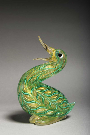 Canard en verre couleur jade mêlé de verre jaune transparent