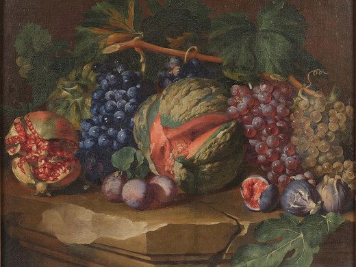 Reynaud Levieux (1613-1699) Nature morte au melon, à la grenade, raisins, prunes et figues