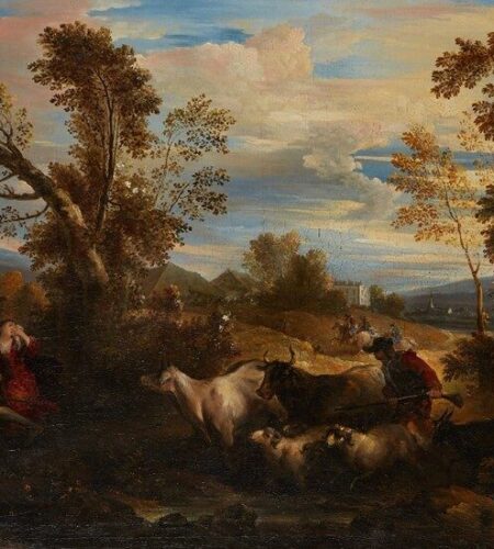Peinture représentant des soldats détruisant et pillant, avec personne en pleurs dans un beau paysage d'automne