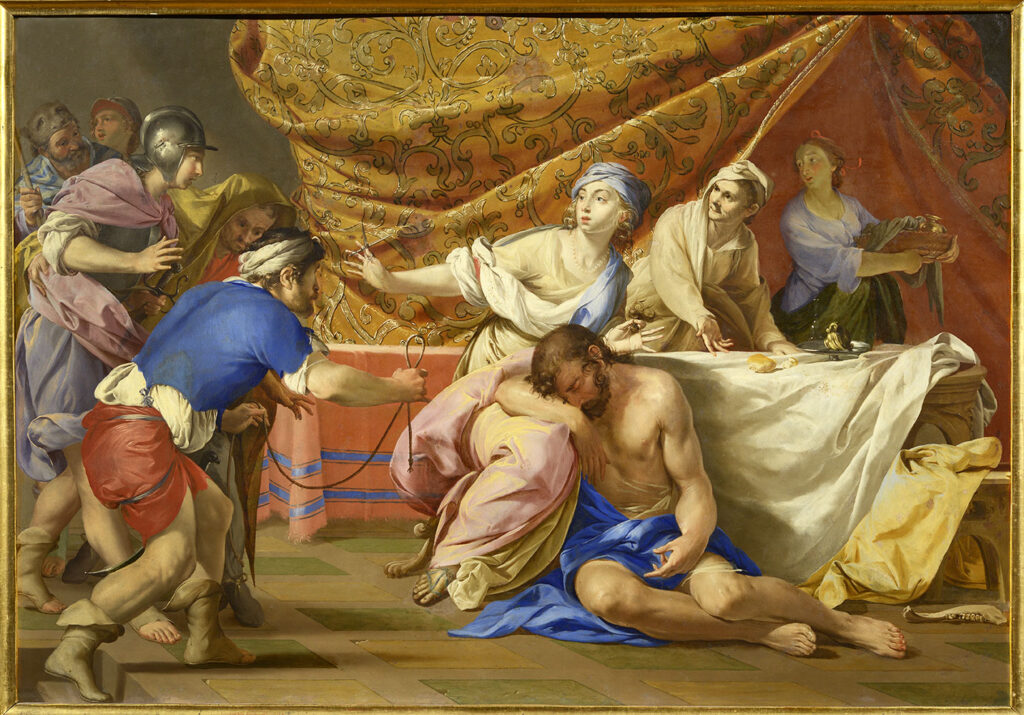 Peinture jaune et bleue représentant Samson et Dalila