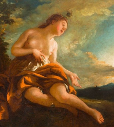 Allégorie à moitié couverte par un drapé rouge, dans un paysage de crépuscule