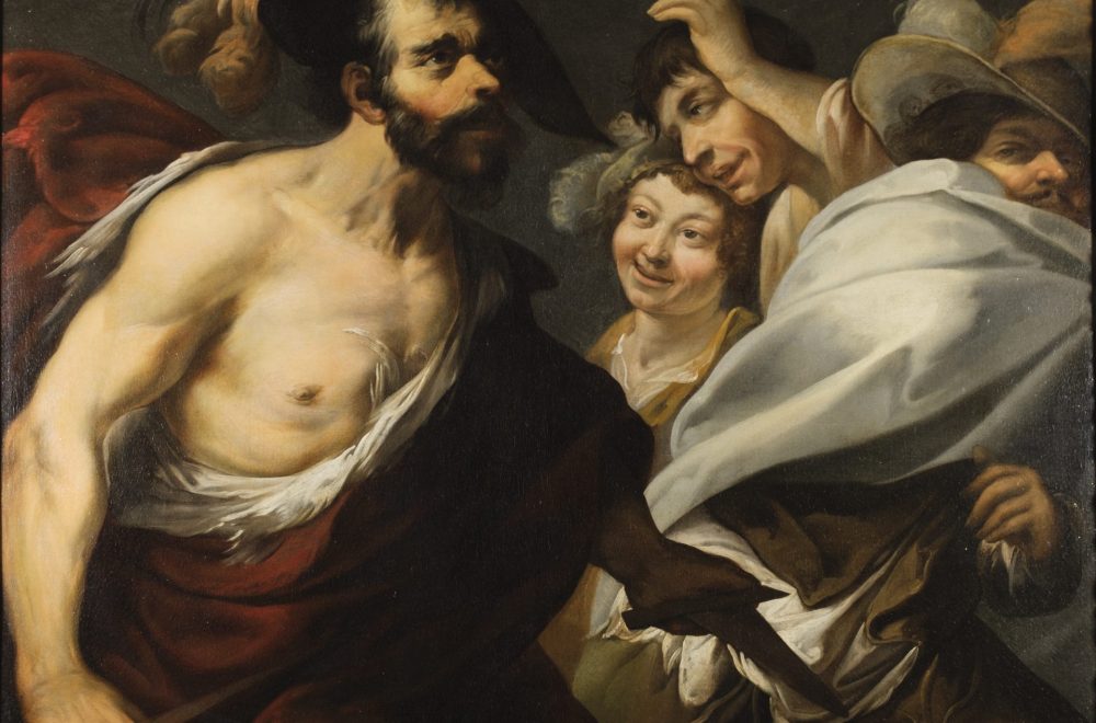 Scène de théâtre : deux hommes drapés se regardent d'un air menaçant et semblent prêts à se battre