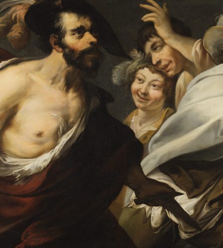 Scène de théâtre : deux hommes drapés se regardent d'un air menaçant et semblent prêts à se battre