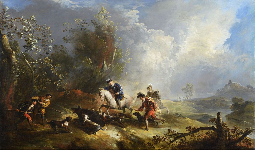 Personnages chassant des sangliers dans un paysage lumineux
