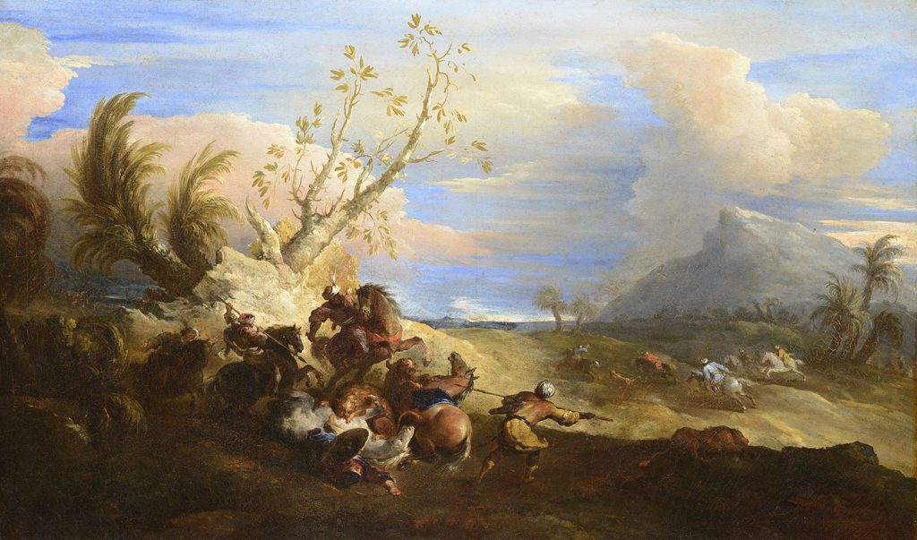 Personnages chassant des lions dans un paysage lumineux