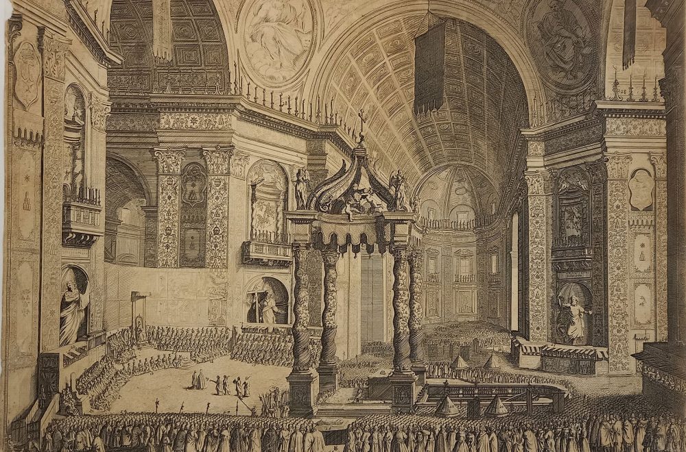Estampe en noir et blanc représentant l'intérieur Saint-Pierre de Rome