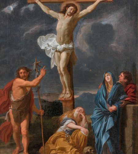 Peinture de la Crucifixion avant restauration, représentant le Christ en croix et son entourage