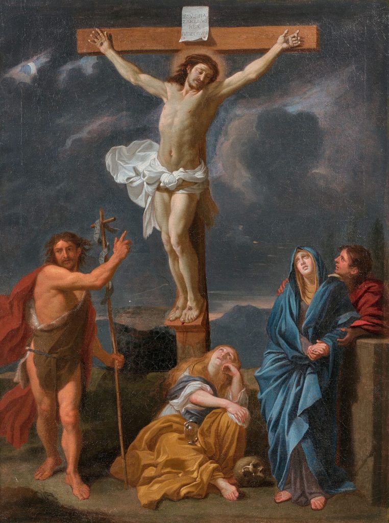 Peinture de la Crucifixion avant restauration, représentant le Christ en croix et son entourage