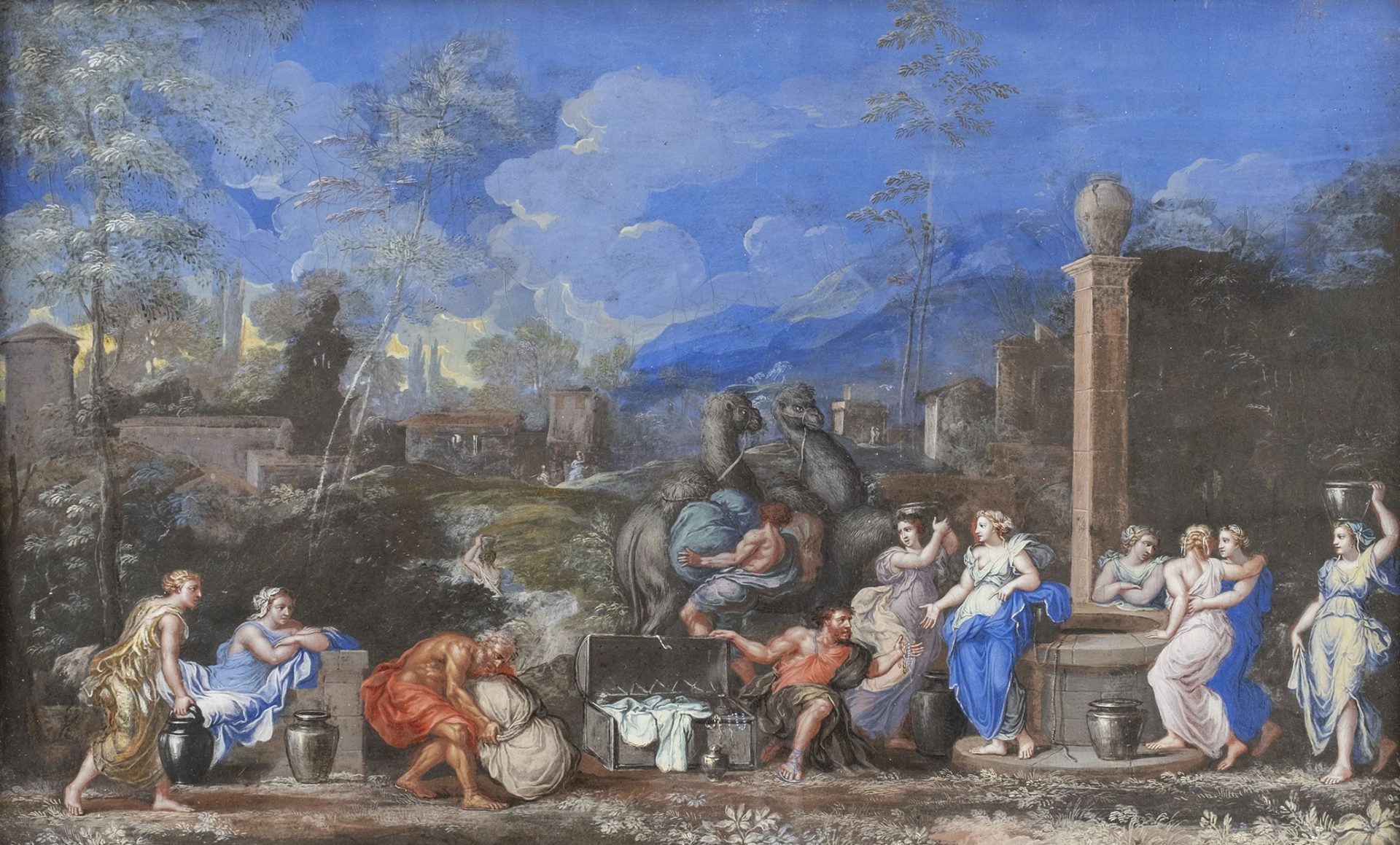 Paysage coloré, village en toile de fond, et une foule de personnes habillées à l'antique, autour d'un puits.