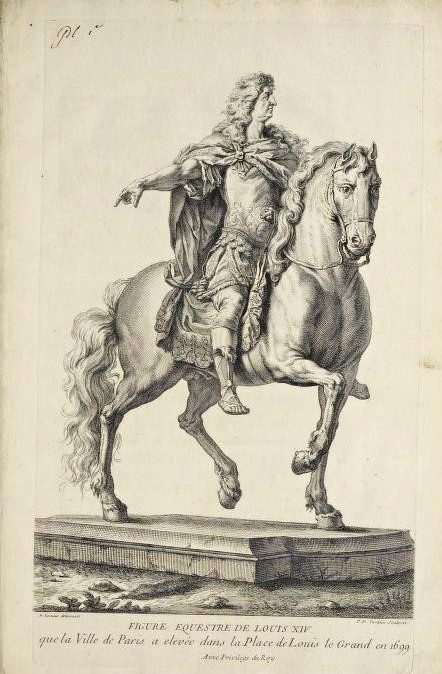 Gravure du roi Louis XIV à cheval, vu de profil