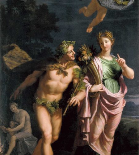 Bacchus avec Cérès, peinture allégorique dans un paysage de nuit