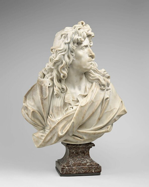 Buste en marbre du peintre Pierre Mignard, cheveux long et drapé