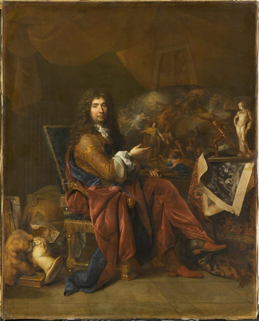 Peinture de l'artiste Charles Le Brun assis sur un fauteuil devant une toile, et vêtu d'une robe de chambre