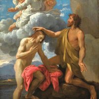 Peinture représentant saint Jean-Baptiste en train de baptiser le Christ sous un nuage avec des anges