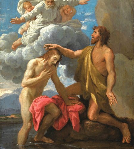 Peinture représentant saint Jean-Baptiste en train de baptiser le Christ sous un nuage avec des anges