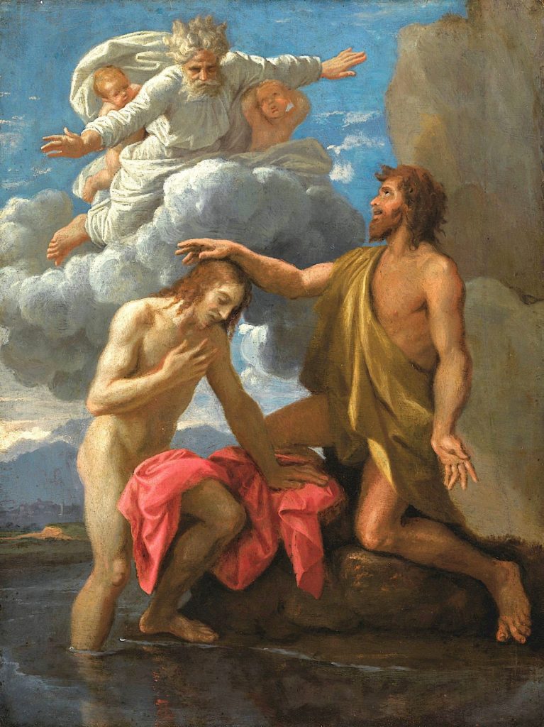 Peinture représentant saint Jean-Baptiste en train de baptiser le Christ sous un nuage avec des anges