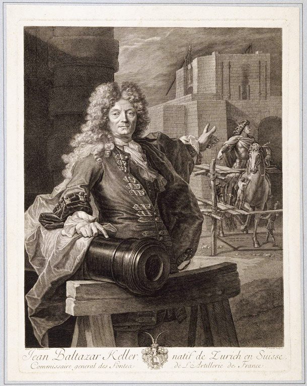 Gravure de Jean-Baptiste Keller, appuyé sur un canon et montrant une charrette de la main