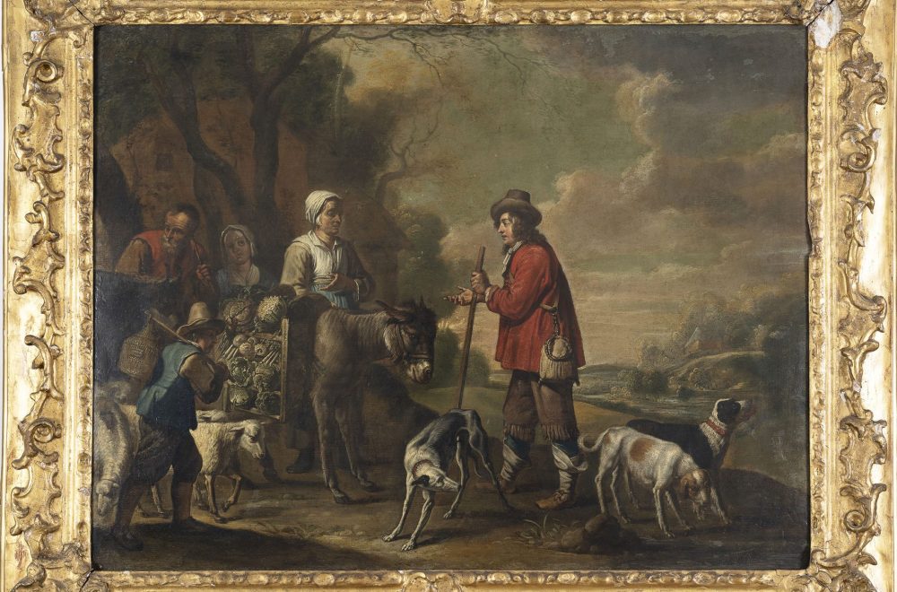 Paysanne vendant des légumes à un chasseur, entourée d'animaux, dans un cadre doré