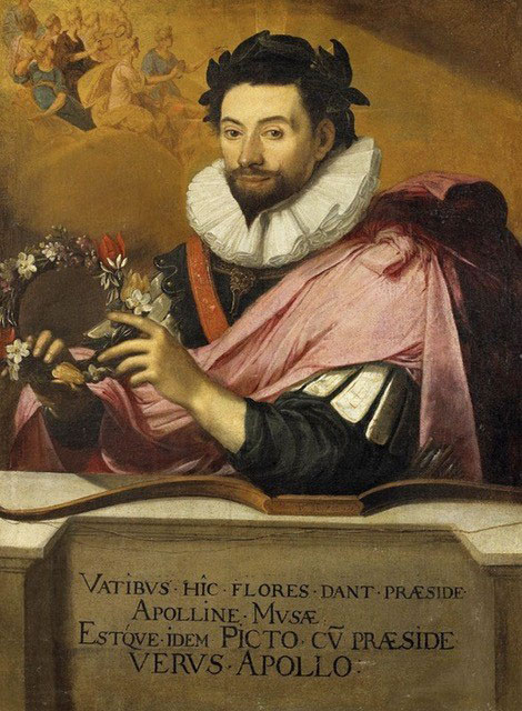 Jean de Caulet assis, vêtu d'un riche costume du XVIIe sicèleavec collerette et drapé, devant une inscription en latin, tenant une couronne de fleurs