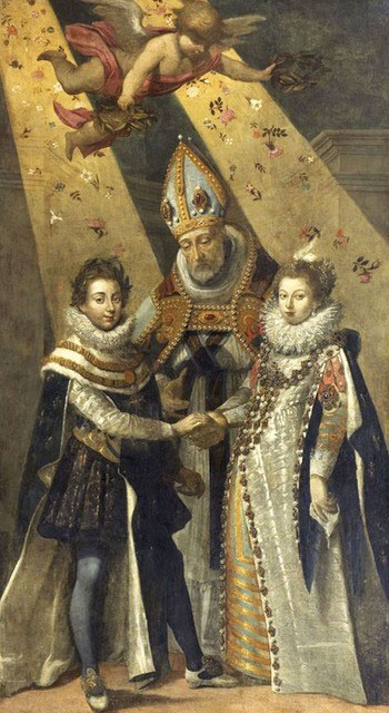 Mariage de Louis XIII, roi de France et de Navarre et d'Anne d'Autriche, infante d'Espagne, tous les trois richement habillés, et survolés par un amour