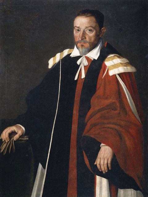 Le capitoul de Toulouse Pierre de Cos, en habit de capitoul rouge et noir, posant debout et de face