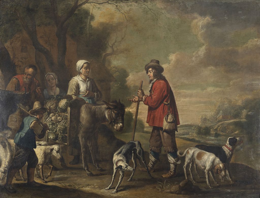 Paysanne vendant des légumes à un chasseur, entourée d'animaux