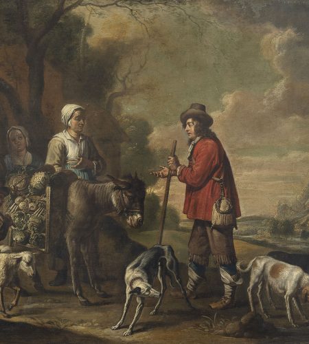 Paysanne vendant des légumes à un chasseur, entourée d'animaux