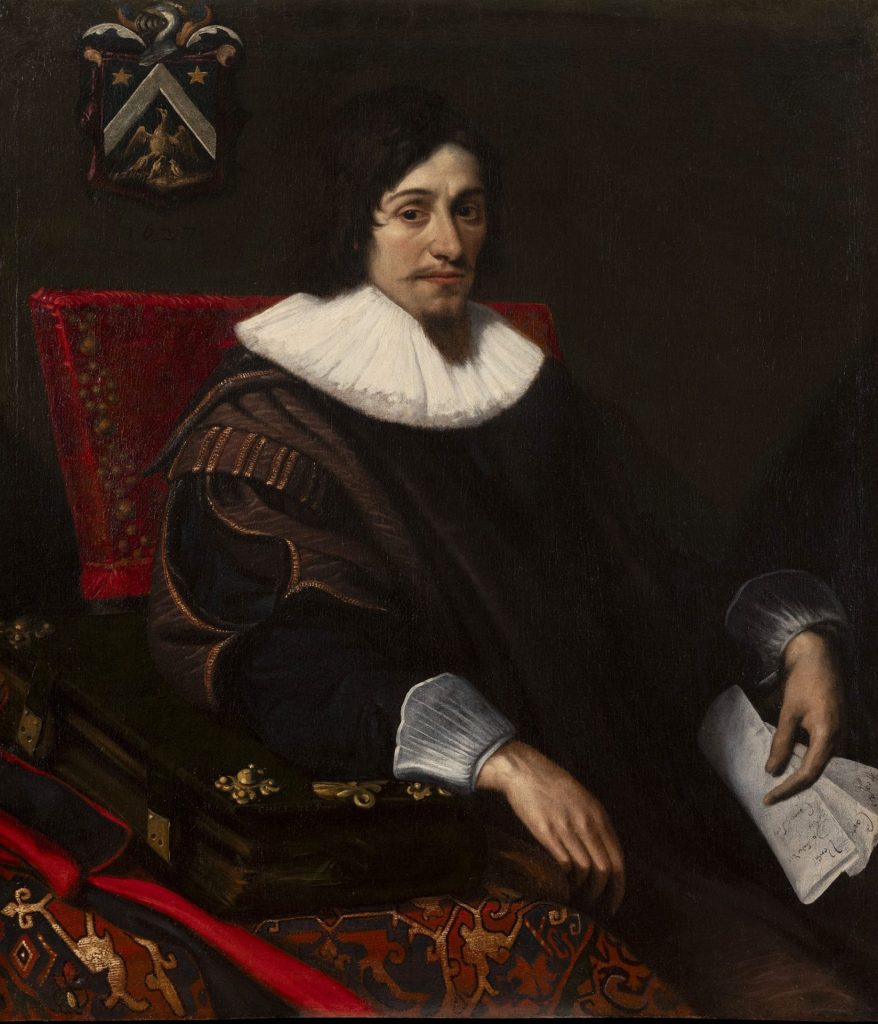 François de Sabatéry, gentilhomme du XVIIe siècle en habit de velours et collerette, assis sur un fauteuil