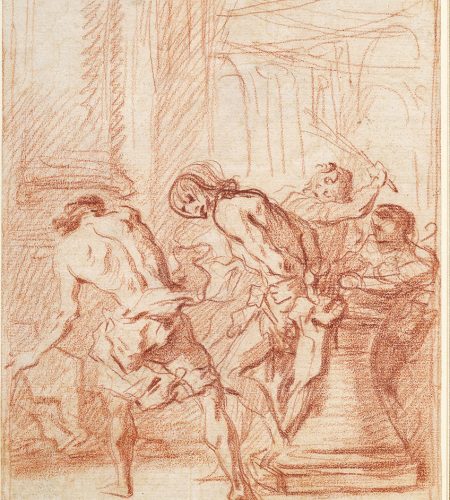 Vue de la flagellation, dessin sanguine à l'encre rouge, homme torse nu attaché à un pilier et recevant des coups de fouet