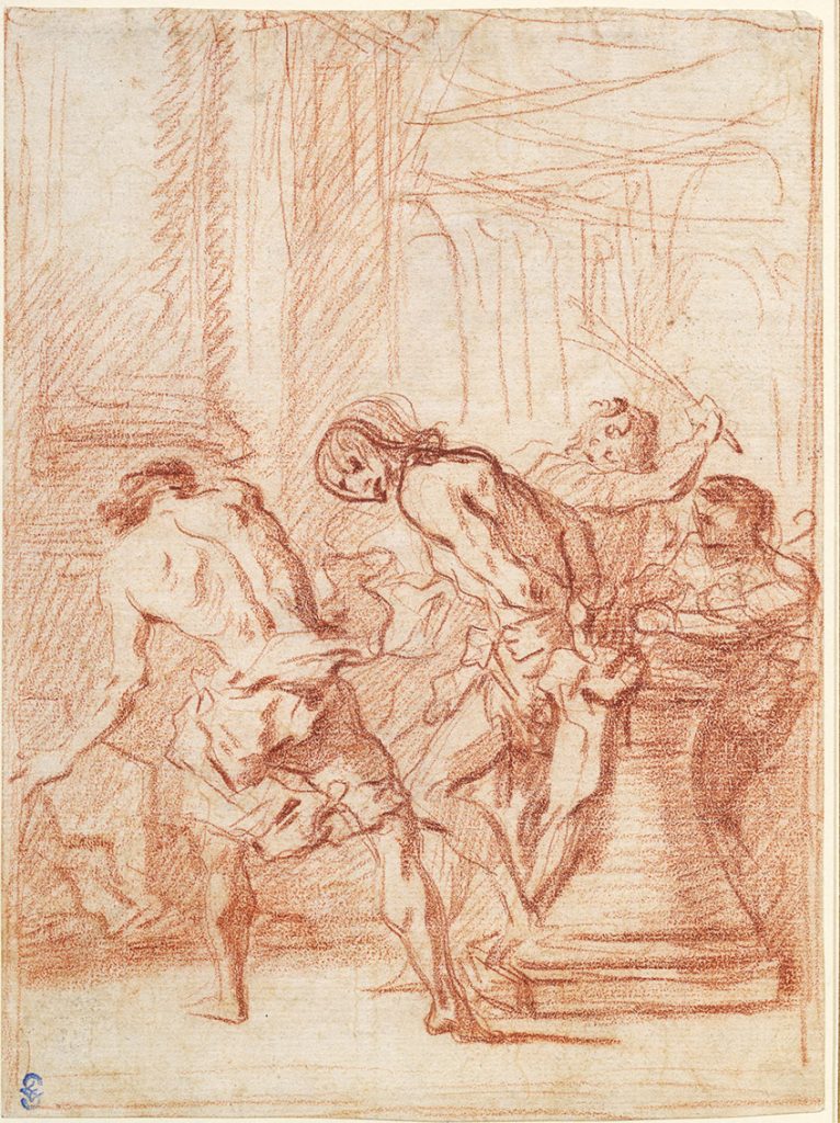 Vue de la flagellation, dessin sanguine à l'encre rouge, homme torse nu attaché à un pilier et recevant des coups de fouet