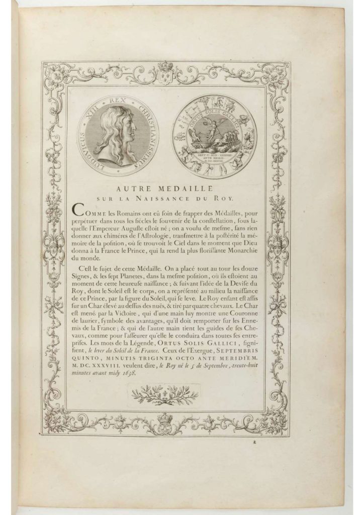 Page de manuscrit représentant les dessins de la médaille de Mollart, avec le profil de Louis XIV et les 12 signes du zodiaque