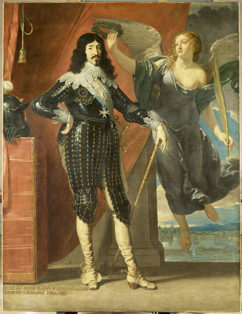 Peinture de Louis XIII en guerrier couronné par la Victoire, représentée sous forme d'ange allégorique